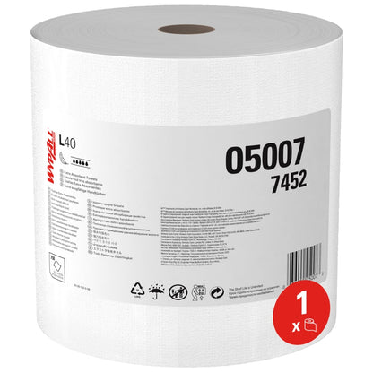 En stor vit WypAll® L40 PowerClean stor rulle från Kimberly-Clark GmbH (1 rulle x 750 ark, kartong) är märkt med artikelnummer 05007 7452, användningssymboler och en röd "1 x"-symbol som betonar den höga absorptionsförmågan.