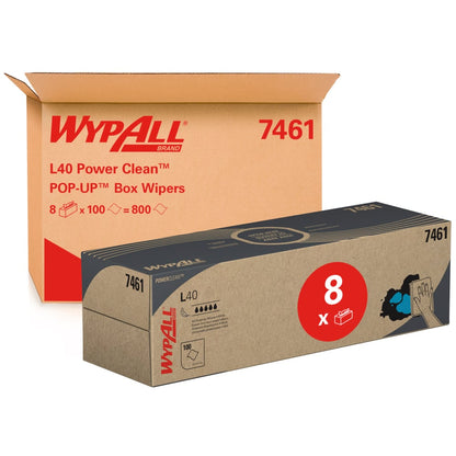 En kartong med texten "WypAll® L40 PowerClean - Dra ut låda / Vit" från Kimberly-Clark GmbH är avbildad med ett paket med texten "8x", som innehåller 8 kartonger med industriella rengöringsdukar med 100 ark vardera - totalt 800 dukar.