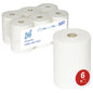 Sechs Scott® Slimroll™ Handtücher von Kimberly-Clark GmbH sind platzsparend in klarer Folie verpackt. Das saugfähige Handtuch mit 6er-Pack-Rot-Symbol ist sichtbar - perfekt für professionelle Anwendungen.