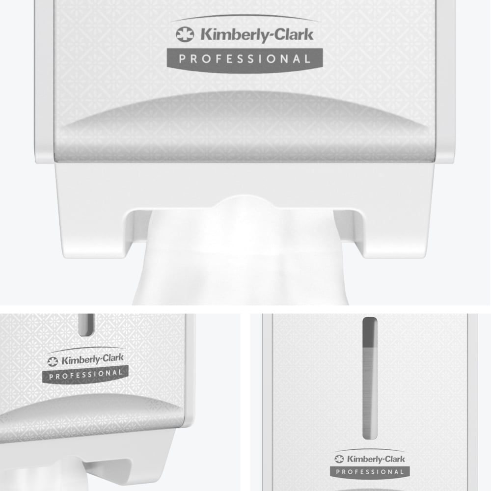 En närbild visar Kimberly-Clark Professional™ Icon™ toalettrullehållare (vikt, 32x14,5x13,8 cm) från Kimberly-Clark GmbH i en toalett, med synligt varumärke och utdelat papper. Två detaljbilder visas nedan.