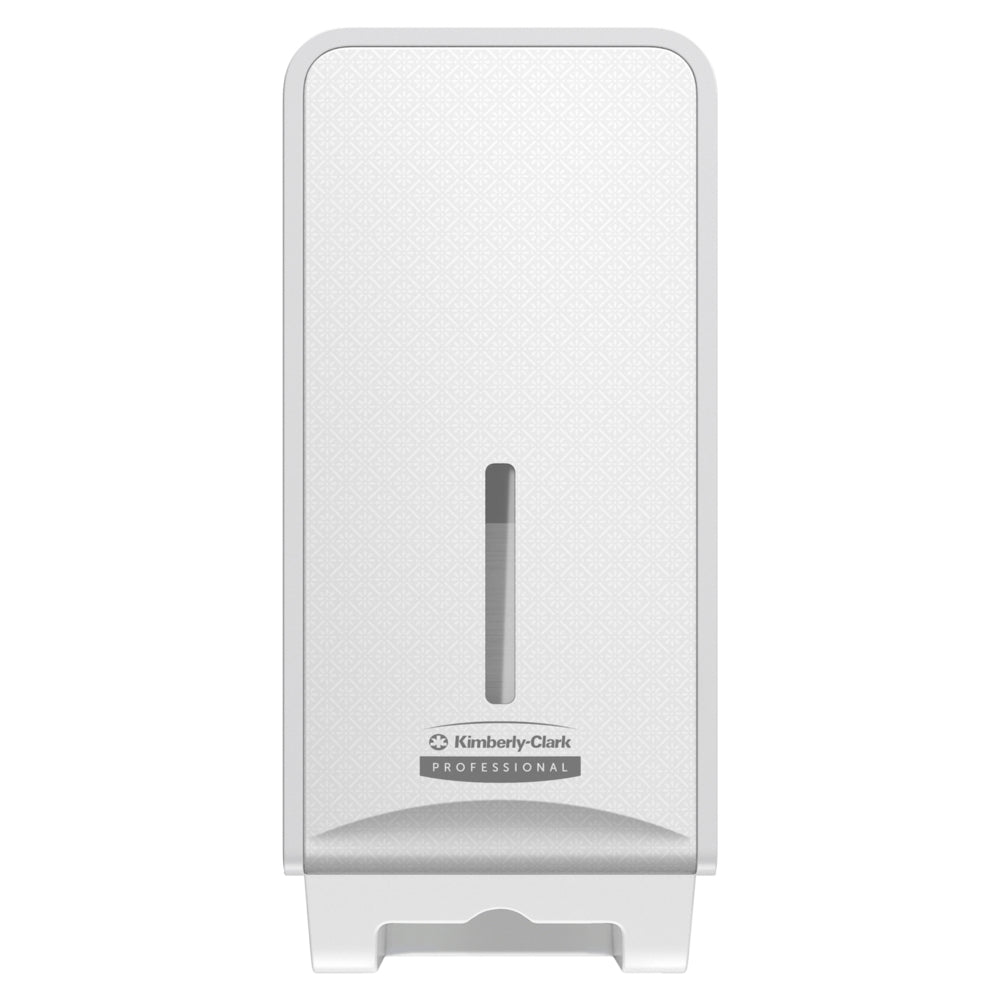 Kimberly-Clark Professional™ Icon™ toalettrullehållare, vikt (32x14,5x13,8 cm) från Kimberly-Clark GmbH, är en vit, väggmonterad tvättrumshållare med ett vertikalt fönster för innehållskontroll.