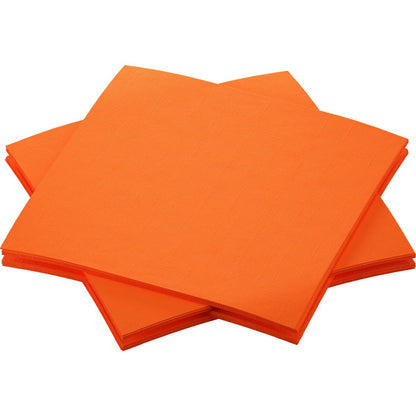 Fyra staplar av ekologiska Dunisoft-servetter 20 x 20 cm från Duni GmbH, i lysande orange, är lätt överlappande arrangerade på vit bakgrund. Varje stapel består av flera kvadratiska, hållbara servetter.