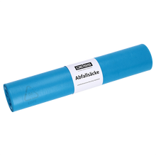 Eine Rolle DEISS 20304 blaue Müllsäcke (800x1000 mm, Typ 60, 25 Stück) von EMIL DEISS KG (GmbH + Co.) mit weißem "DEISS Abfallsäcke"-Etikett auf weißem Grund - ideal für die zuverlässige Abfallentsorgung.