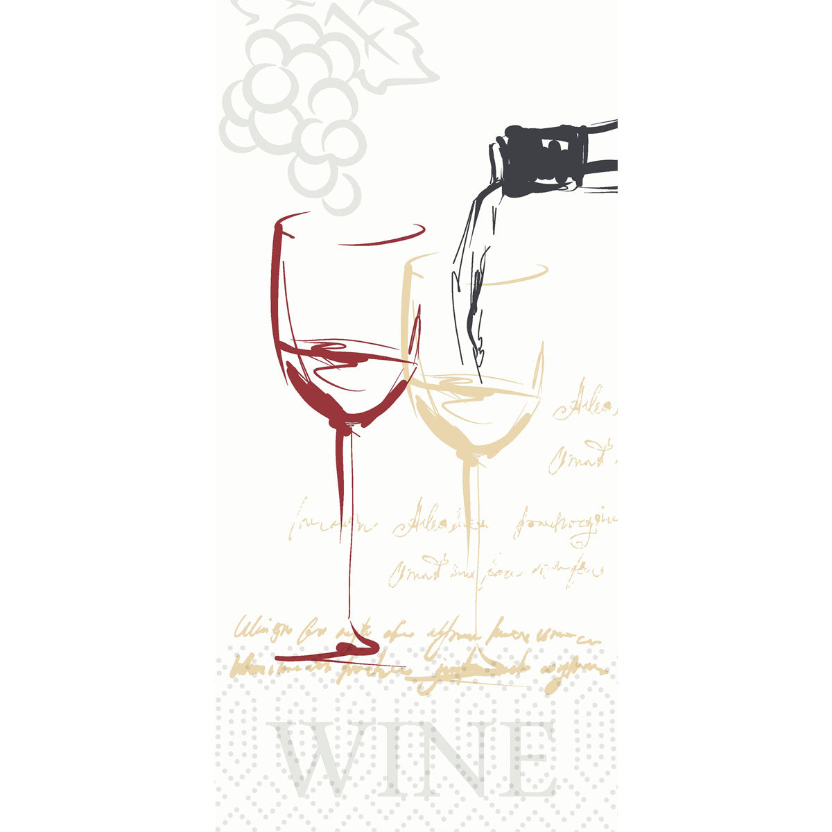 En skiss av två vinglas, ett av dem fyllt, druvor och textmotiv, samt "WINE" längst ner, pryder Duni GmbH utgående artikel Cell.Serv. 33x33cm 2-lagers (300 servetter/förpackning).