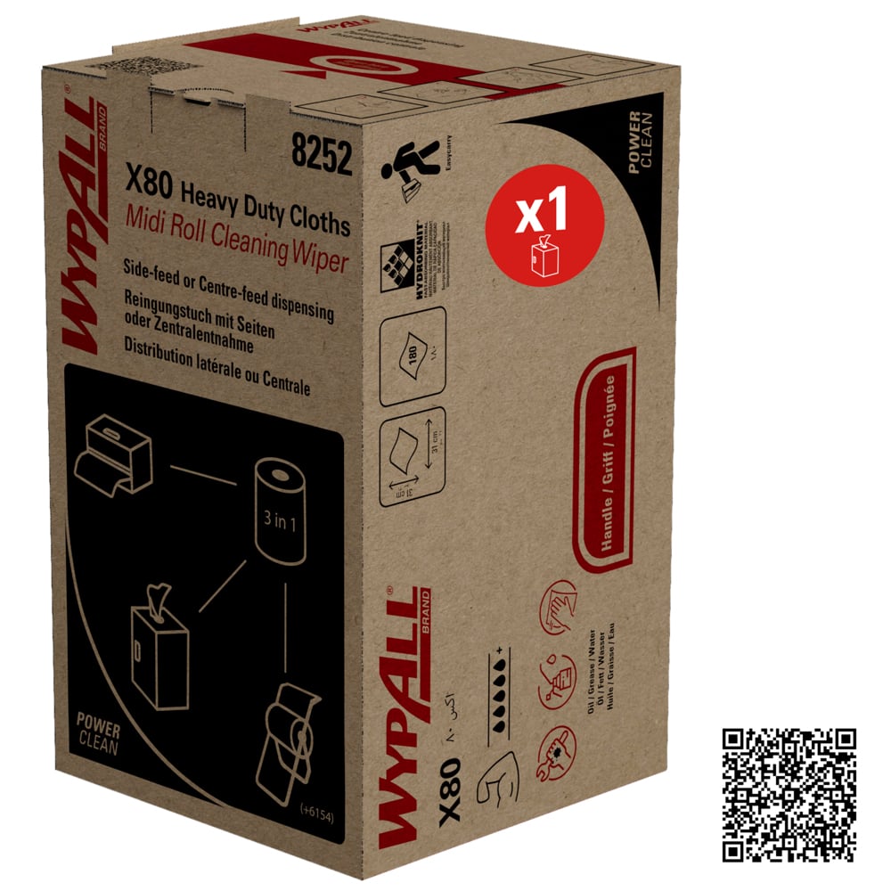 WypAll® X80 PowerClean Midi Roll, Vit (1 kartong x 180 ark) från Kimberly-Clark GmbH levereras i en kartong med produktbilder, doseringsanvisningar, en "x1"-enhetssymbol och en QR-kod - idealisk för industriella rengöringsbehov.