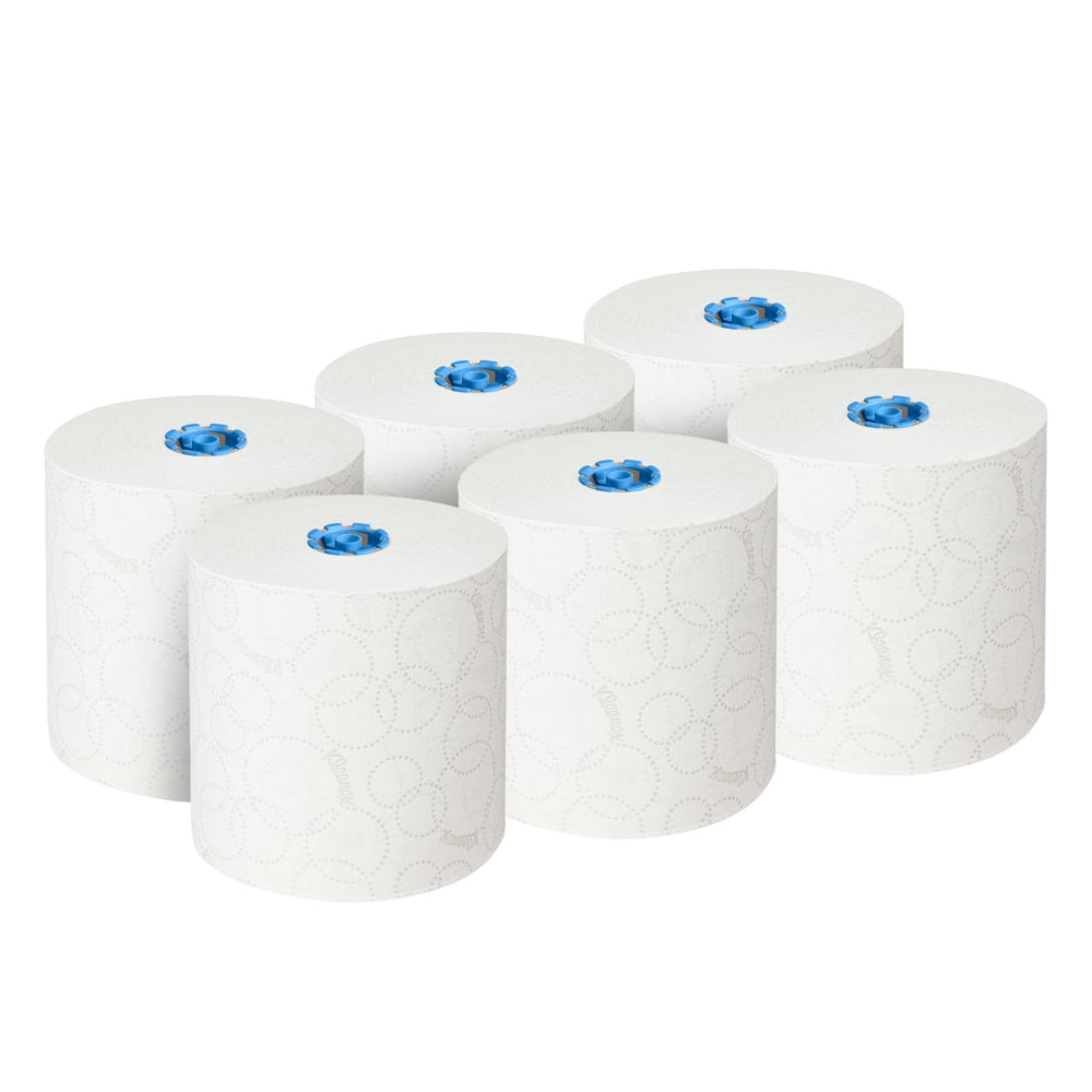 Sex stora vita Kleenex® Ultra™ rullhanddukar (2-lagers, 6x200m) från Kimberly-Clark GmbH, var och en med blå plastkärna och diskreta cirkelmönster, arrangerade i två rader med tre på en enfärgad vit bakgrund.