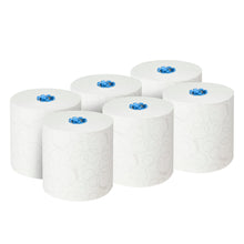 Sex stora vita Kleenex® Ultra™ rullhanddukar (2-lagers, 6x200m) från Kimberly-Clark GmbH, var och en med blå plastkärna och diskreta cirkelmönster, arrangerade i två rader med tre på en enfärgad vit bakgrund.