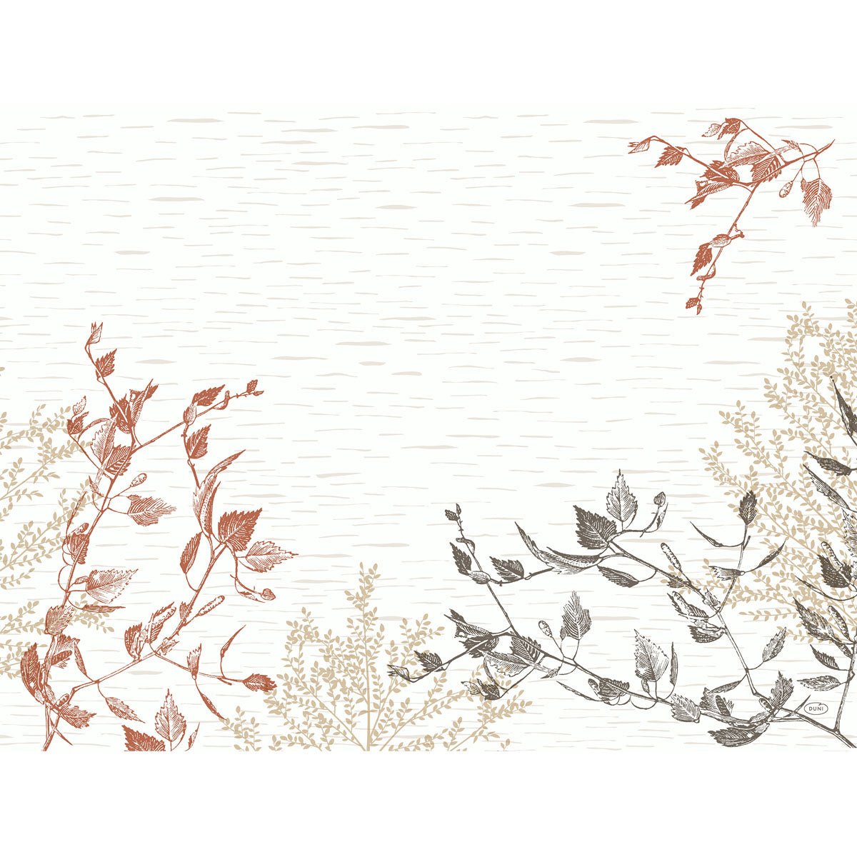 De pappersbordsunderläggen 30x40 cm från Duni GmbH i Wood&Nature Design erbjuder minimalistiska, miljövänliga botaniska illustrationer i terrakotta, svart och beige på en ljus strukturerad bakgrund - idealisk för alla tillfällen. Förpackning med 250 stycken.
