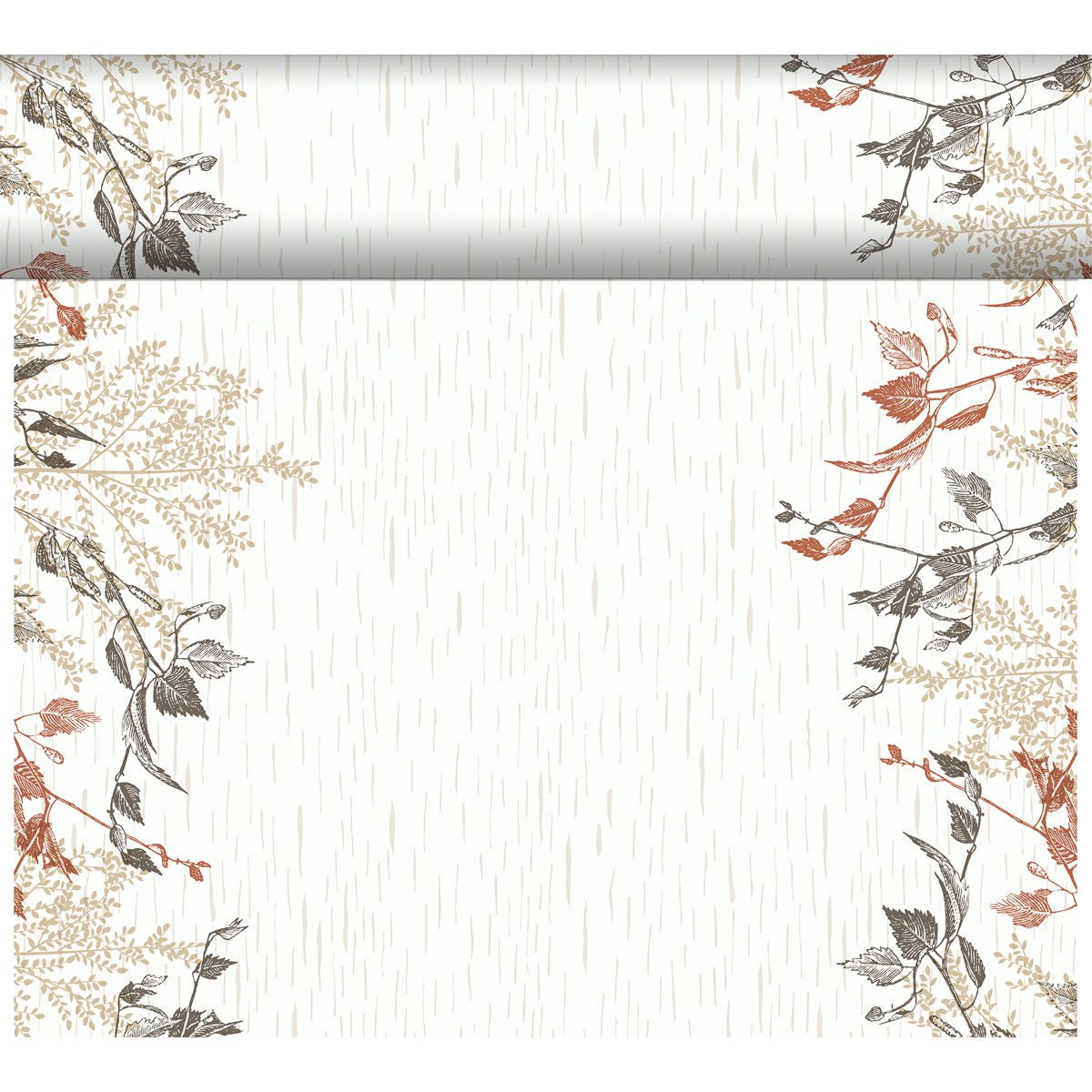 Det ekologiska DC Tete a Tete (0.4x24m) från Duni GmbH har en beige bakgrund, tunna vertikala linjer och brun, beige och svart botanisk konst på ovansidan och sidorna - perfekt för naturträdekoration. Inklusive matchande horisontell kant vid överkanten.