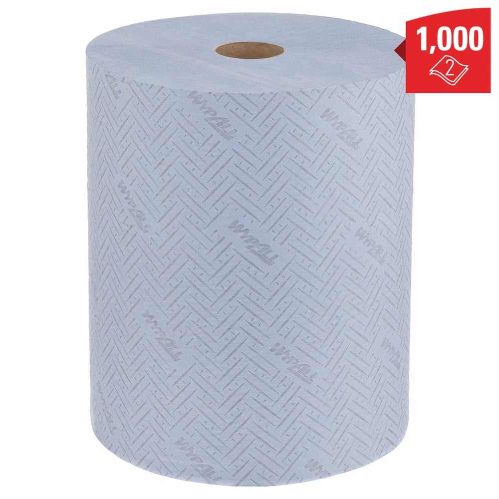 Den extra breda blå WypAll® L20 pappershandduken Stor rulle från Kimberly-Clark GmbH kännetecknas av en diskret mönstrad struktur och trycket "Wypall". Den röda etiketten visar 1.000 ark och en tvålagerssymbol.