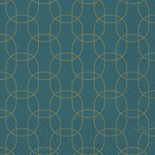 Die Servietten 33x33 cm, 3-lagig, Golden Deco von Duni GmbH haben einen tealfarbenen Hintergrund mit überlappenden goldenen Kreisen und Ovalen, gepunktete Akzente unten rechts und einen kleinen "DUNI"-Schriftzug - ideal für festliche Anlässe. Packung (50 Stück).