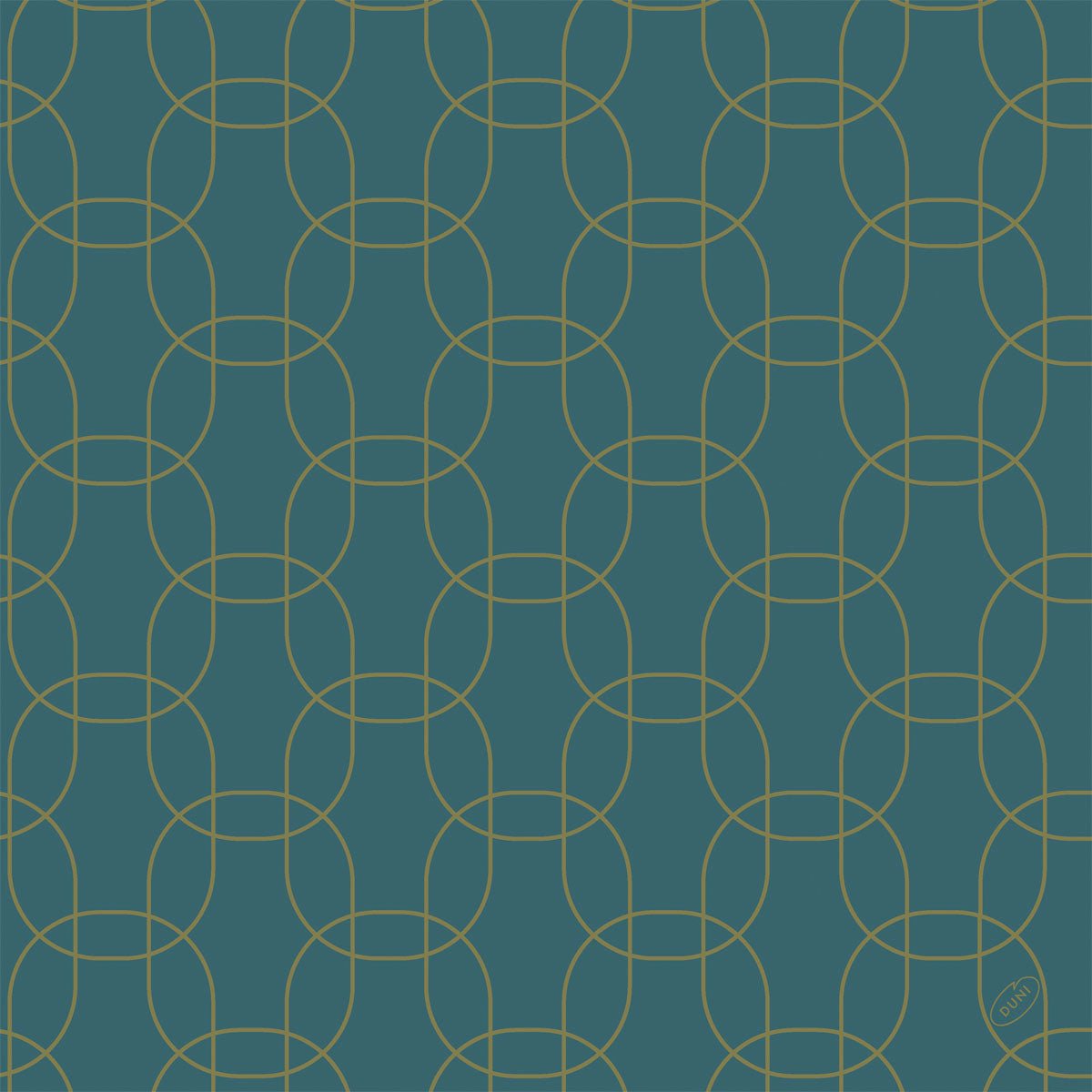 Ett geometriskt mönster av sammanlänkade gyllene cirklar på mörk teal är tryckt på Dunisoft-Serv. 40x40cm från Duni GmbH. Det bildar ett symmetriskt rutnät med den diskreta texten "MIRO" i det nedre högra hörnet.
