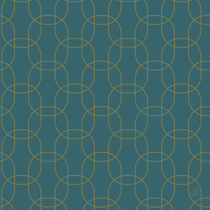Ett geometriskt mönster av sammanlänkade gyllene cirklar på mörk teal är tryckt på Dunisoft-Serv. 40x40cm från Duni GmbH. Det bildar ett symmetriskt rutnät med den diskreta texten "MIRO" i det nedre högra hörnet.