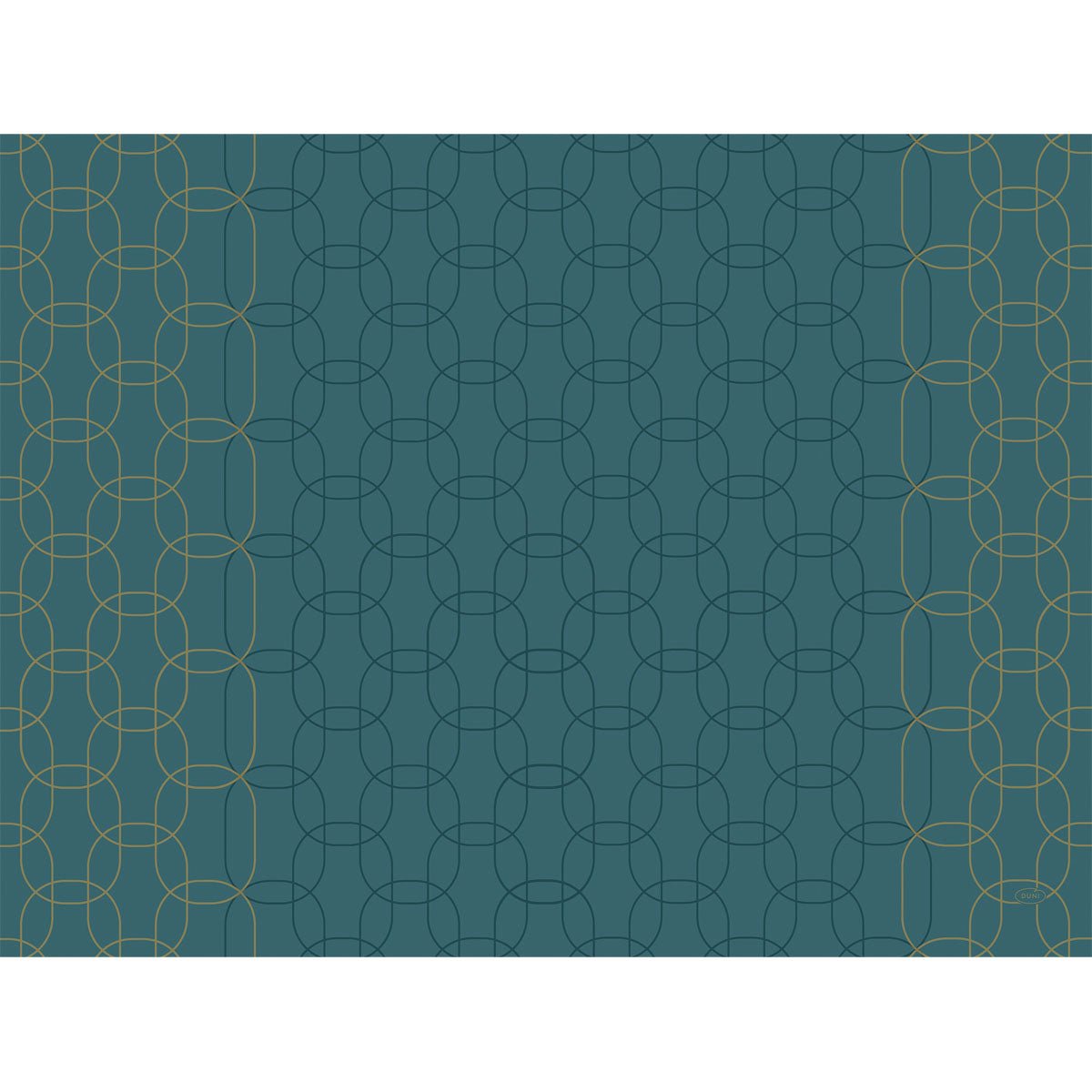 En teal färgad bakgrund med överlappande tunna gyllene och mörkblå böjda linjer ger en elegant abstrakt look. Gyllene dekorativa accenter pryder sidorna - perfekt för Duni GmbH pappersunderlägg 30x40 cm med gyllene dekor (250 stycken).