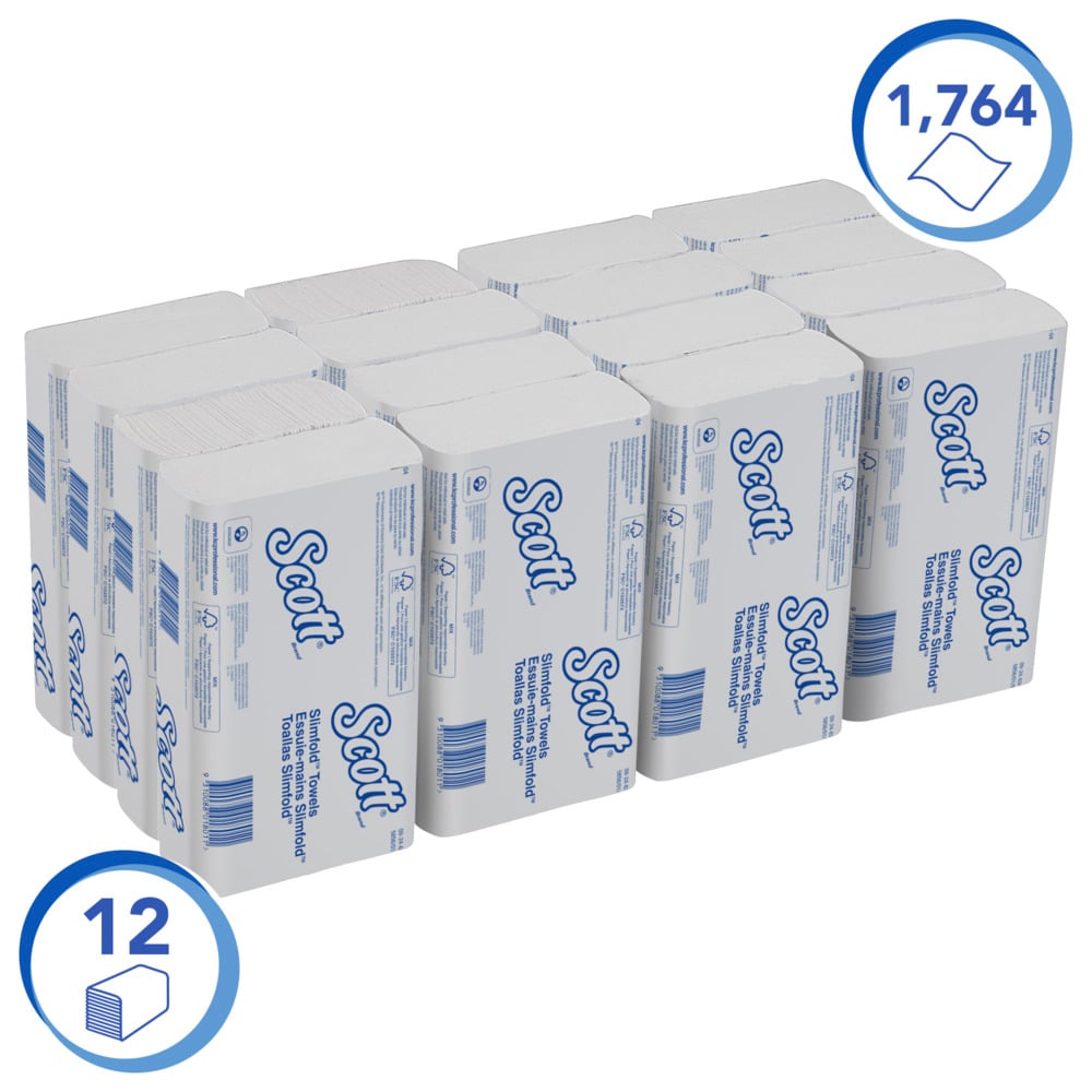Sechzehn Packungen Scott® SLIMFOLD Handtücher von Kimberly-Clark GmbH, jede mit 110 Blatt, sind übersichtlich angeordnet. Die weiße Verpackung hebt 1.760 Blatt und 16 Packungen hervor - ideal für hygienisches Händetrocknen in stark frequentierten Bereichen.