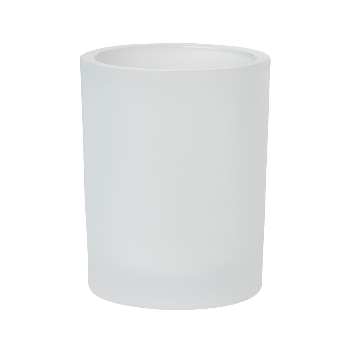 Den Switch & Shine ljushållaren Snowy från Duni GmbH (100x80 mm, vit frostad) är en elegant, enkel, cylindrisk glashållare med släta sidor, perfekt för vinterdekoration, avbildad mot en vit bakgrund. Förpackning: 1 styck.