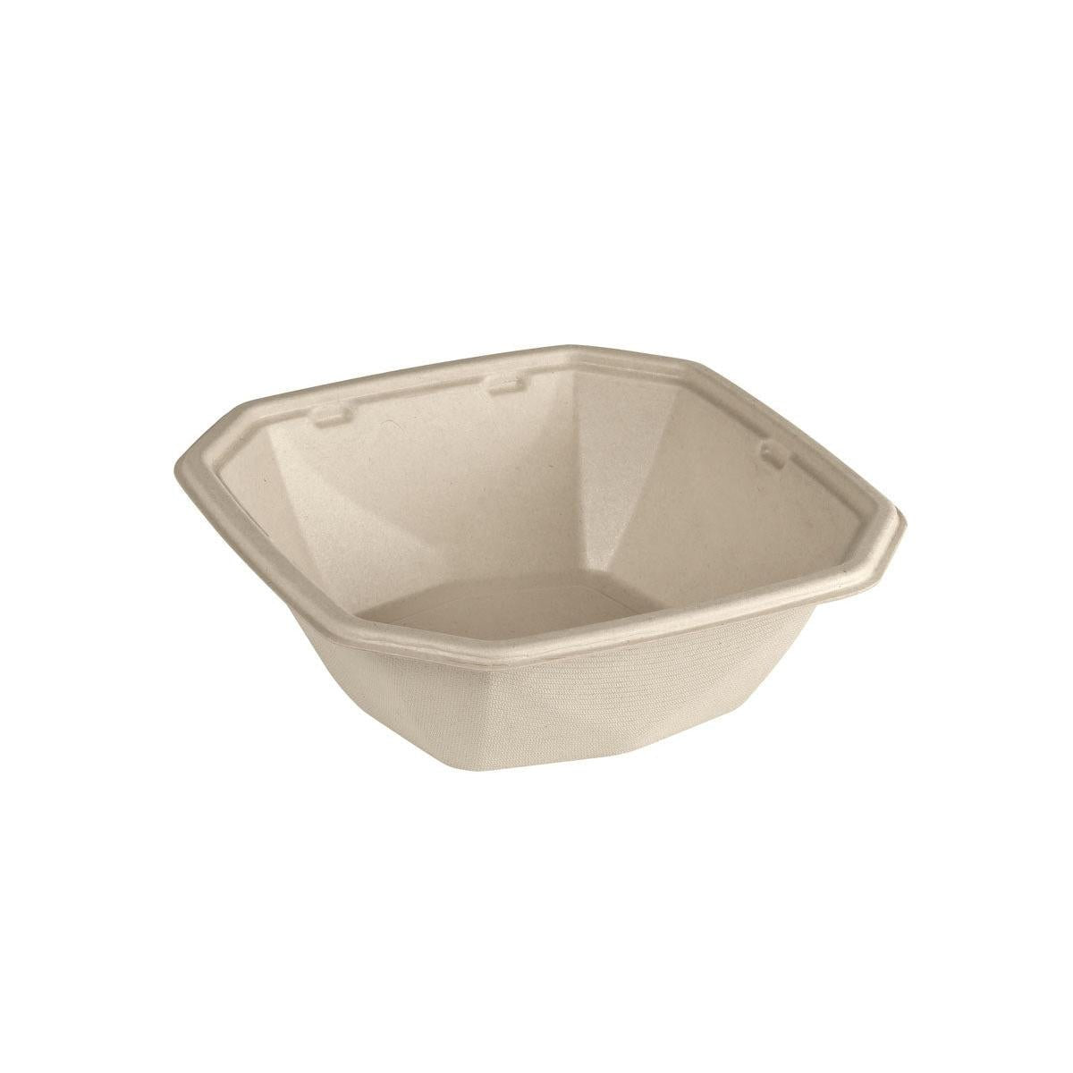 En brun, sexkantig Octabagasse skål 900 ml från Duni GmbH av PBAT/PLA-belagd bagasse (183x183x60 mm), uppifrån på vit bakgrund - idealisk som hållbar förpackning. Förpackning: 50 stycken.