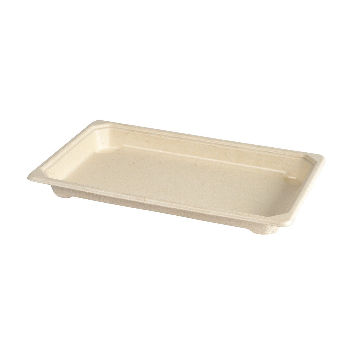 En rektangulär beige Duni GmbH Sushi & Deli Tray Medium (215x135x22 mm), tillverkad av miljövänlig, komposterbar brun bagasse med PLA-beläggning, visas tom mot en vit bakgrund. Förpackning med 110 stycken.