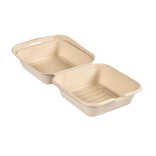 Clamshell 475 ml – obelagd, brun bagass, 155x155x80 från Duni GmbH (förpackning med 50 stycken) är en biologiskt nedbrytbar, brunaktig takeaway-behållare av formfiber – en miljövänlig förpackning för dina måltider.