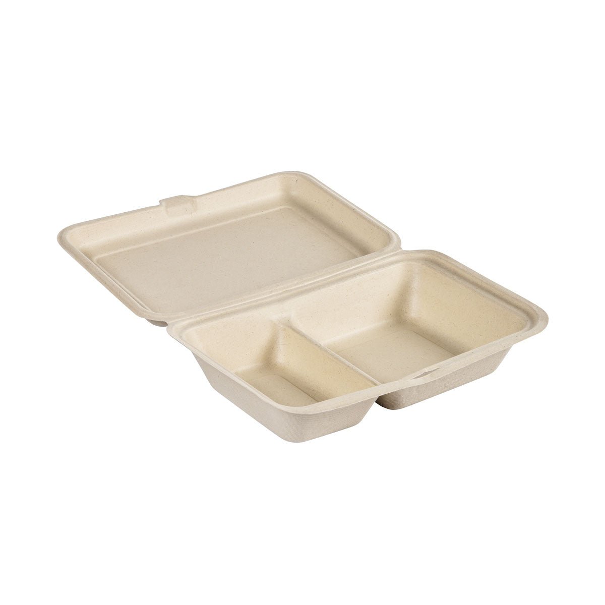 En clamshell 470/300 ml - obelagd 2 Brun Bagasse-förpackning (255x170x65 mm) från Duni GmbH, tillverkad av hållbar livsmedelsförpackning, har två fack med gångjärnslock och avbildas öppen på vit bakgrund. Förpackning: 50 stycken.
