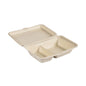 En clamshell 470/300 ml - obelagd 2 Brun Bagasse-förpackning (255x170x65 mm) från Duni GmbH, tillverkad av hållbar livsmedelsförpackning, har två fack med gångjärnslock och avbildas öppen på vit bakgrund. Förpackning: 50 stycken.