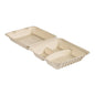Duni GmbH Clamshell 350/120/120 ml, obestruken 3 Brun Bagasse (235x235x90 mm), är en beige, rektangulär bärlåda med två fack, tillverkad av biologiskt nedbrytbar bagasse. Avbildad öppen; Förpackning med 50 stycken.