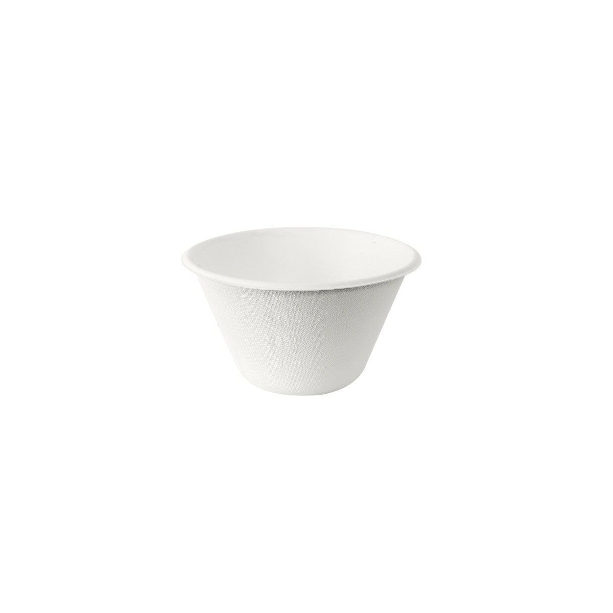 En liten, enkel vit Coppa Bowl 350 ml - obelagd Vit Bagasse 116x116x66 från Duni GmbH, centrerad på vit bakgrund - idealisk miljövänlig engångsservis. Förpackning: 50 stycken.