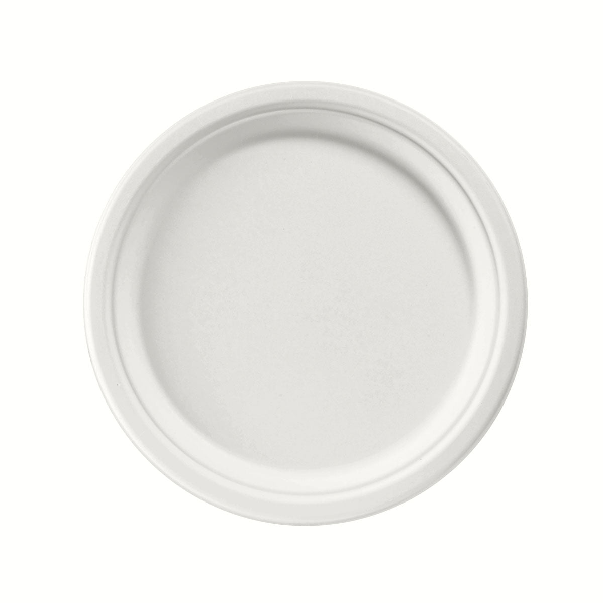 En rund, vit tallrik ø 26 cm av obelagd bagasse från Duni GmbH (förpackning med 50 stycken), biologiskt nedbrytbar och miljövänlig, fotograferad uppifrån mot vit bakgrund.