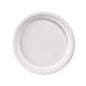 En rund, vit tallrik ø 26 cm av obelagd bagasse från Duni GmbH (förpackning med 50 stycken), biologiskt nedbrytbar och miljövänlig, fotograferad uppifrån mot vit bakgrund.