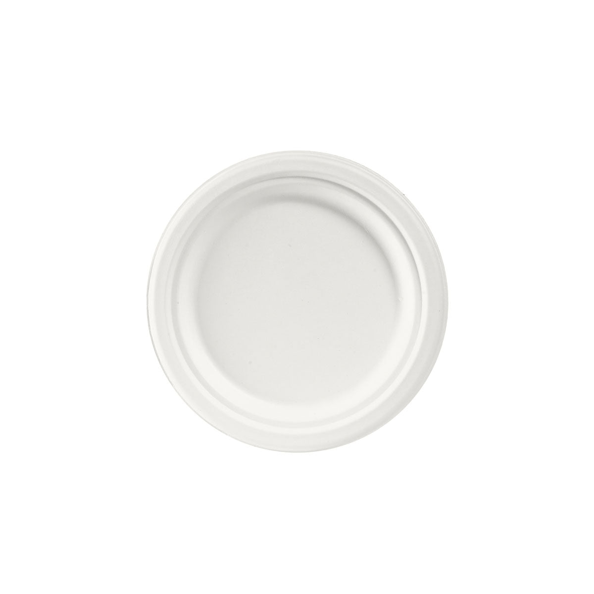 Avbildad är en rund, vit, obelagd bagassetallrik ø 17 cm från Duni GmbH (förpackning med 50 stycken) i vy ovanifrån mot en enkel vit bakgrund.