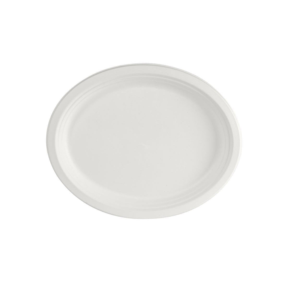 Den ovala, okokta tallriken Vit Bagasse 32 cm från Duni GmbH (förpackning med 150 stycken) är biologiskt nedbrytbar, miljövänlig och har en upphöjd kant - idealisk som hållbar engångsservis.