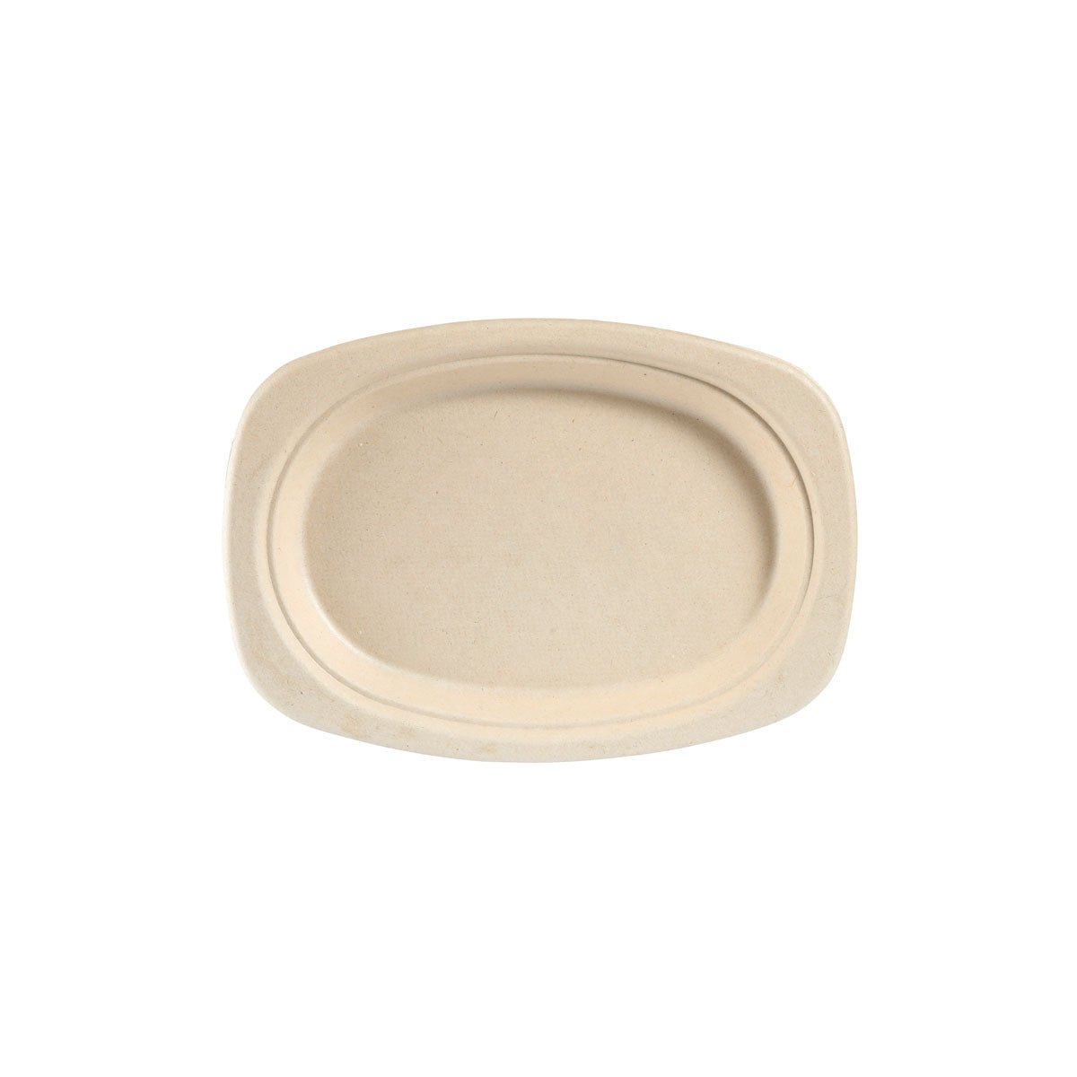 En tom, oval 22 cm brun bagassetallrik (obestruken, 230x265x20 mm) från Duni GmbH är avbildad ovanifrån på en vit bakgrund. Den obestrukna tallriken kommer i ett paket med 60 stycken.