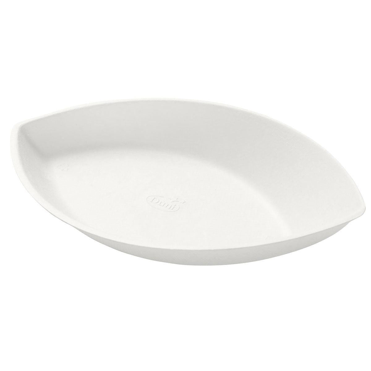 Den skål Demo Piatto 140 ml - obelagd Vit Bagasse 175x104x35 från Duni GmbH, en vit oval engångsskål med upphöjda kanter och diskret präglad logotyp, är tillverkad av miljövänlig bagasse. Avbildad i en förpackning med 35 stycken på vit bakgrund.