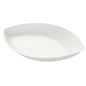 Den skål Demo Piatto 140 ml - obelagd Vit Bagasse 175x104x35 från Duni GmbH, en vit oval engångsskål med upphöjda kanter och diskret präglad logotyp, är tillverkad av miljövänlig bagasse. Avbildad i en förpackning med 35 stycken på vit bakgrund.