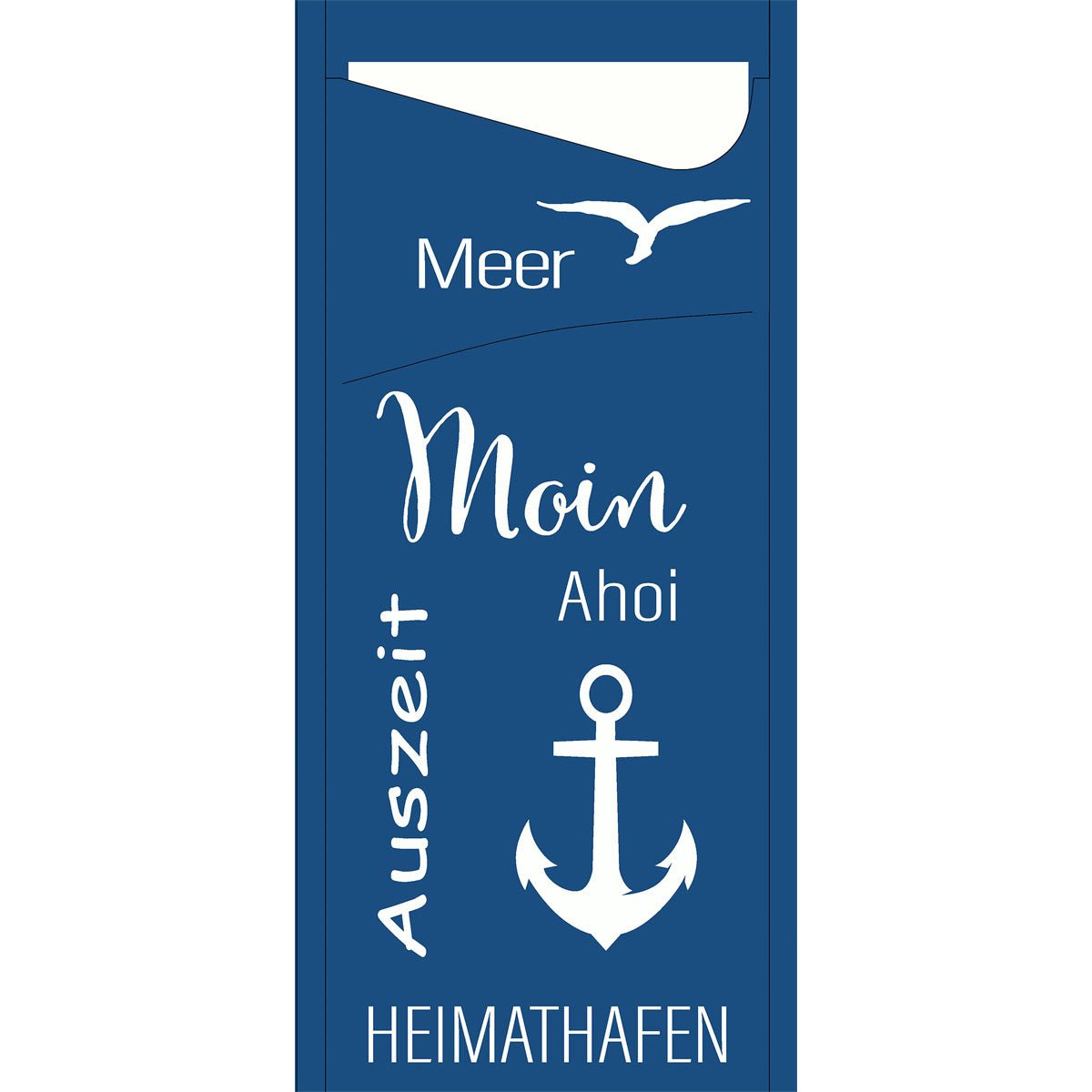 Ett blått, rektangulärt skylt med vit text som "Hav", "Hej" och "Paus", samt en mås och ett ankare - perfekt för strandsemester-känsla. Passar utmärkt till SACCHETTO 190x85 mm - Mer glädje från Duni GmbH, även tillgänglig som förpackning (100 stycken).