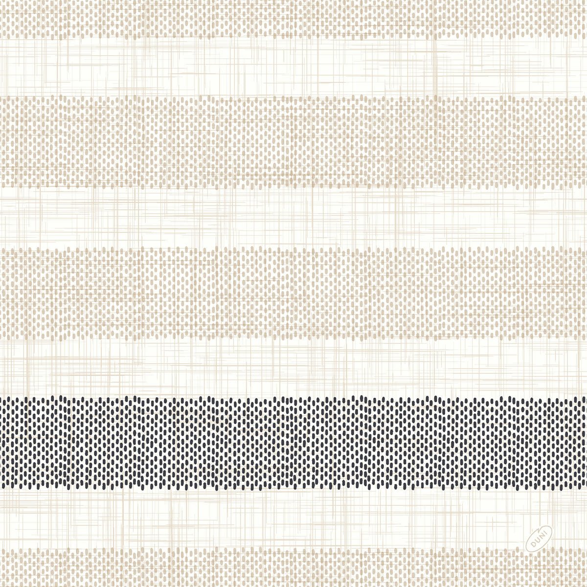 Dunilin-servetterna 40x40 cm, Rigato svart från Duni GmbH visar ett beige-svart randmönster på vit bakgrund och erbjuder en strukturerad galleroptik - idealisk för en elegant bordsdekoration med svarta servetter. Förpackning med 45 högkvalitativa servetter.
