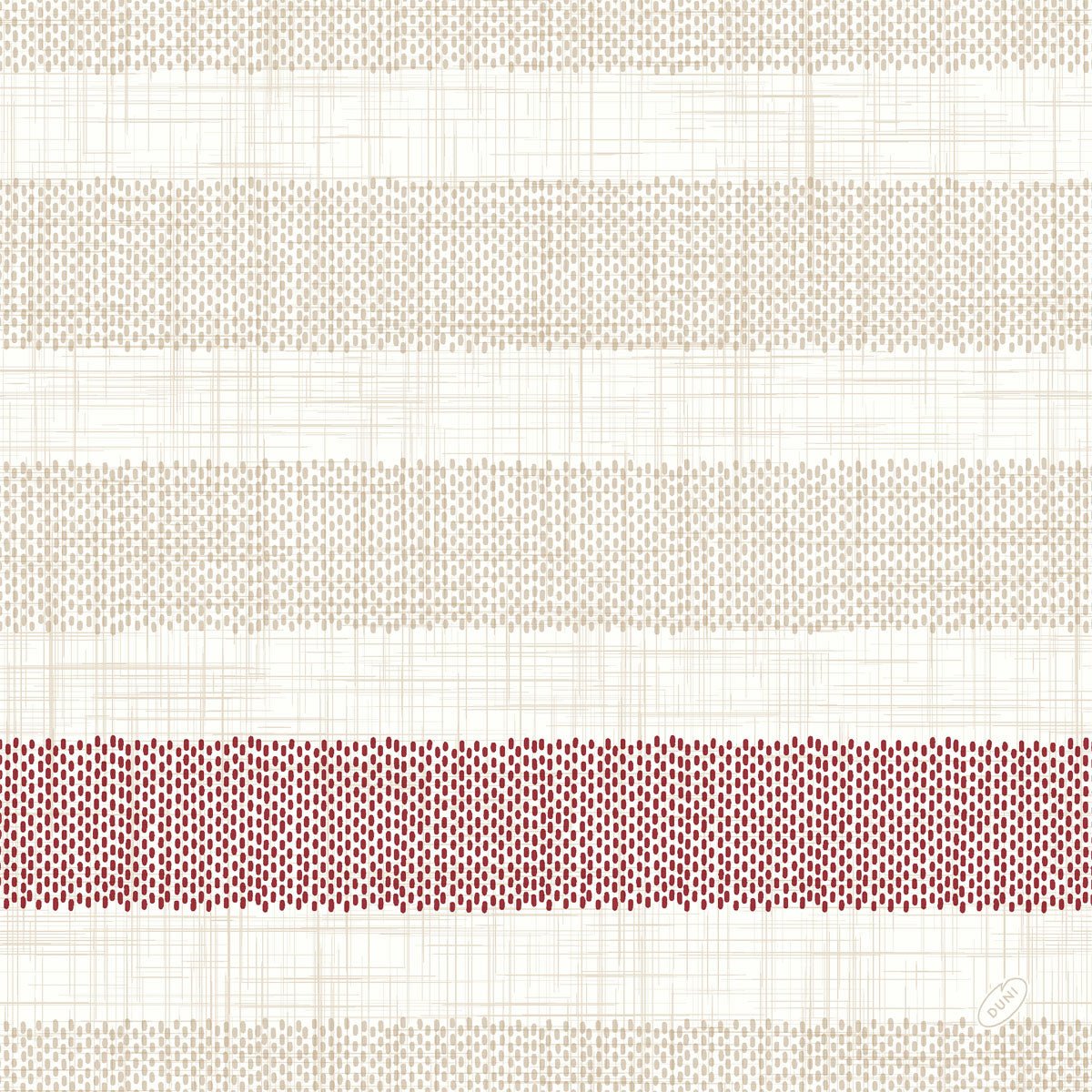 Dunilin-servetterna 40x40 cm, Rigato Bordeaux från Duni GmbH har en vit bakgrund med ljusbeige tvärränder och en kraftig röd prickrand i det nedre området. Förpackning med 45 högkvalitativa servetter - idealisk för en stilfull bordsdekoration.