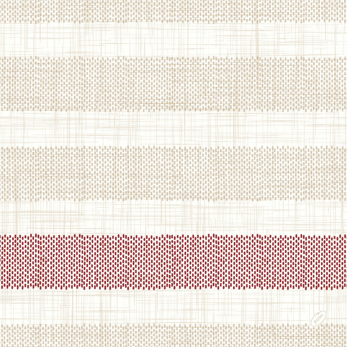 Die Dunilin Servietten 40x40 cm, Rigato Bordeaux von Duni GmbH haben einen weißen Hintergrund mit hellbeigen Querstreifen und einem kräftigen roten Punktstreifen im unteren Bereich. Packung mit 45 hochwertigen Servietten - ideal für eine stilvolle Tischdekoration.