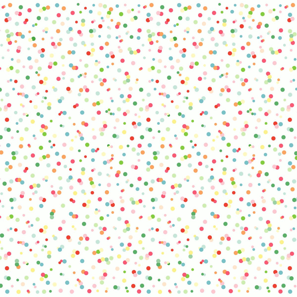 Dunicel-mittduken 84x84 cm "Happy Bubbles" från Duni GmbH visar en vit bakgrund med färgglada prickar i rött, grönt, rosa, blått och gult - idealiska festtillbehör för barnkalaset. Förpackning med 20 stycken.