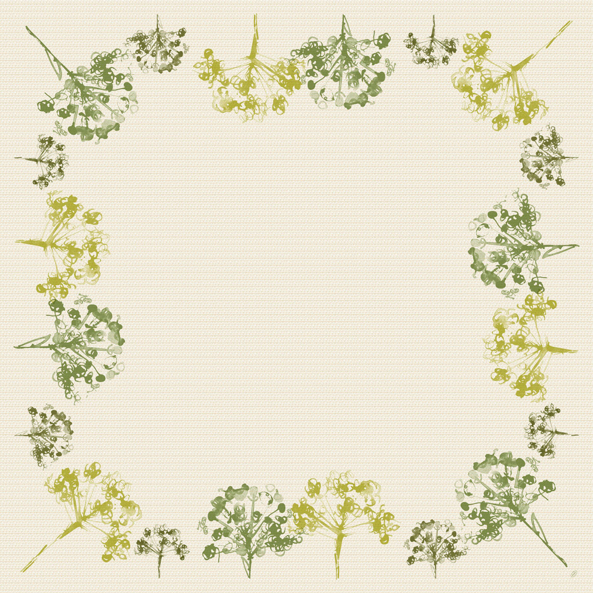 Die Duni GmbH Dunicel Mitteldecke 84x84 cm, grün (Packung mit 20 Stück) hat einen quadratischen beigen Hintergrund mit einem Rand aus zarten grünen und gelben Blumenmustern, inspiriert von Green Umbles 60111, die einen eleganten zentralen Rahmen bilden.