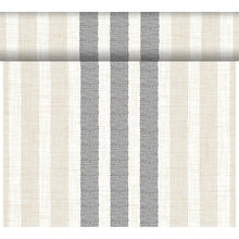 Das DC-Tete a Tete 0,4x24m Rigato black von Duni GmbH zeichnet sich durch elegante vertikale Streifen in Schwarz, Beige und Off-White mit unterschiedlichen Breiten und sichtbarem Geflecht aus - perfekt für moderne Tischdeko bei Events. Packung (1 Stück), teils entrollt.