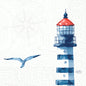 Ein aquarellgestreifter Leuchtturm mit rotem Dach und fliegendem Vogel ziert die Zellt.-Serv. 33 3lg 1/4 Meer Freude Servietten (Duni GmbH, 250 Stück) mit einer Windrose und Kartenlinien - ideal für eine maritime Tischdekoration.