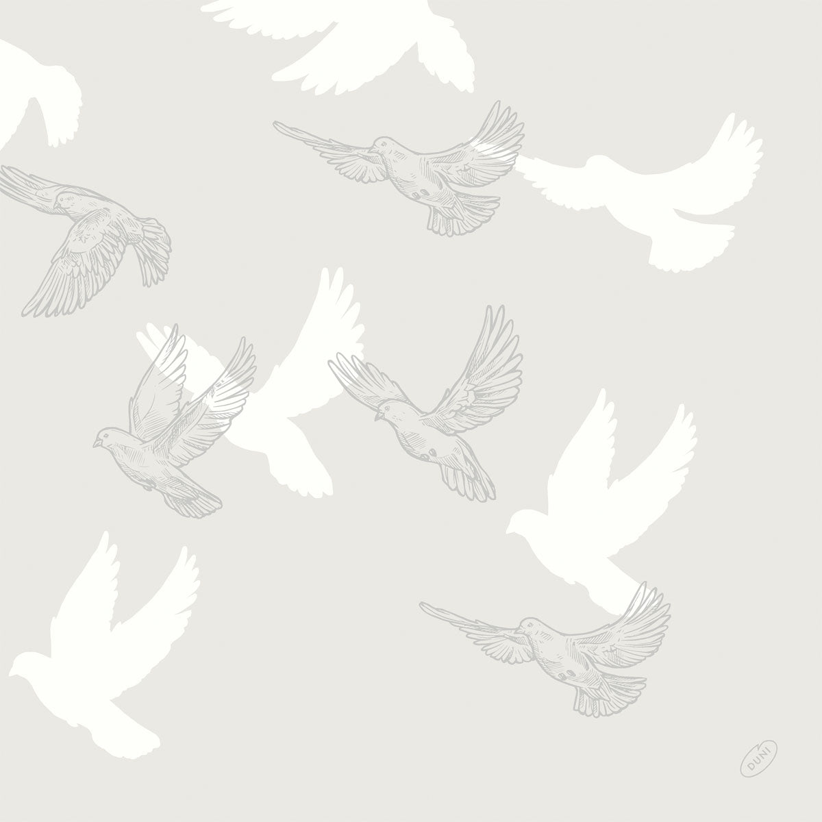 Soft Wings Bio-Dunisoft Servetter 40x40 cm från Duni GmbH visar eleganta fågelmotiv på ljusgrå bakgrund. Varje förpackning innehåller 60 mjuka pappersservetter, idealiska för att ge varje dukat bord en touch av raffinement.
