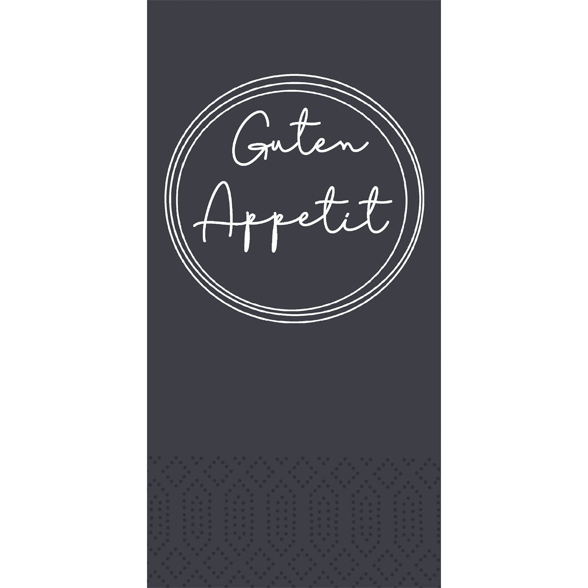 Mörkgrå, rektangulär design med cirkulär dubbelkant och handskrivet "Guten Appetit" i mitten, samt ett diskret prickmönster - idealiskt för Duni GmbH Cell.-Serv. 33 cm 2-lagers 1/8-vik Appetit svart servetter (Förpackning: 300 servetter).