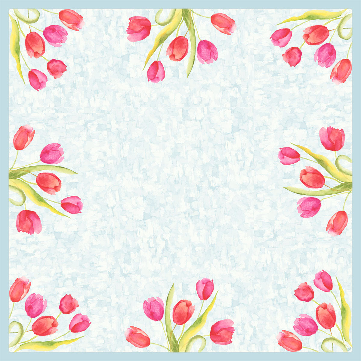 Die Dunicel-Mitteld. 84x84cm - Gemalte Tulpen Tischdecke von Duni GmbH zeigt rosa und rote Tulpen-Aquarelle mit grünen Blättern in allen vier Ecken auf einem hellblauen, strukturierten Hintergrund mit einer leeren Mitte.