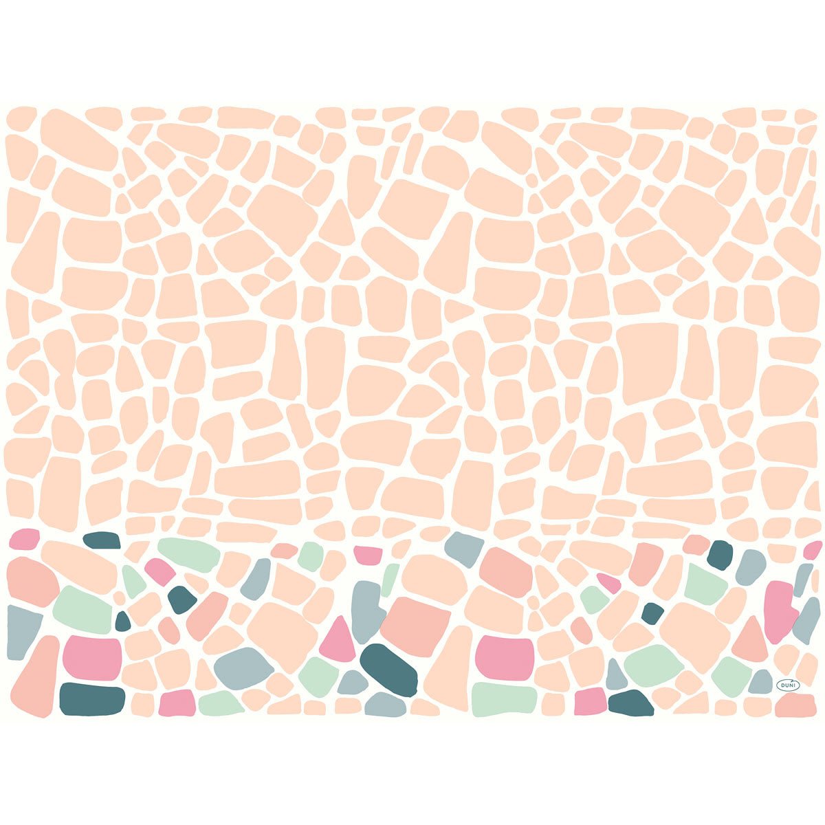Duni GmbH:s Bio-Dunicel-set 30x40 Ocean Pebbles visar en abstrakt design med rundade persikaformer och lysande rosa, gröna, blå och grå accenter på vitt. Perfekt som dekorativa bordstabletter. Förpackning med 100 stycken.