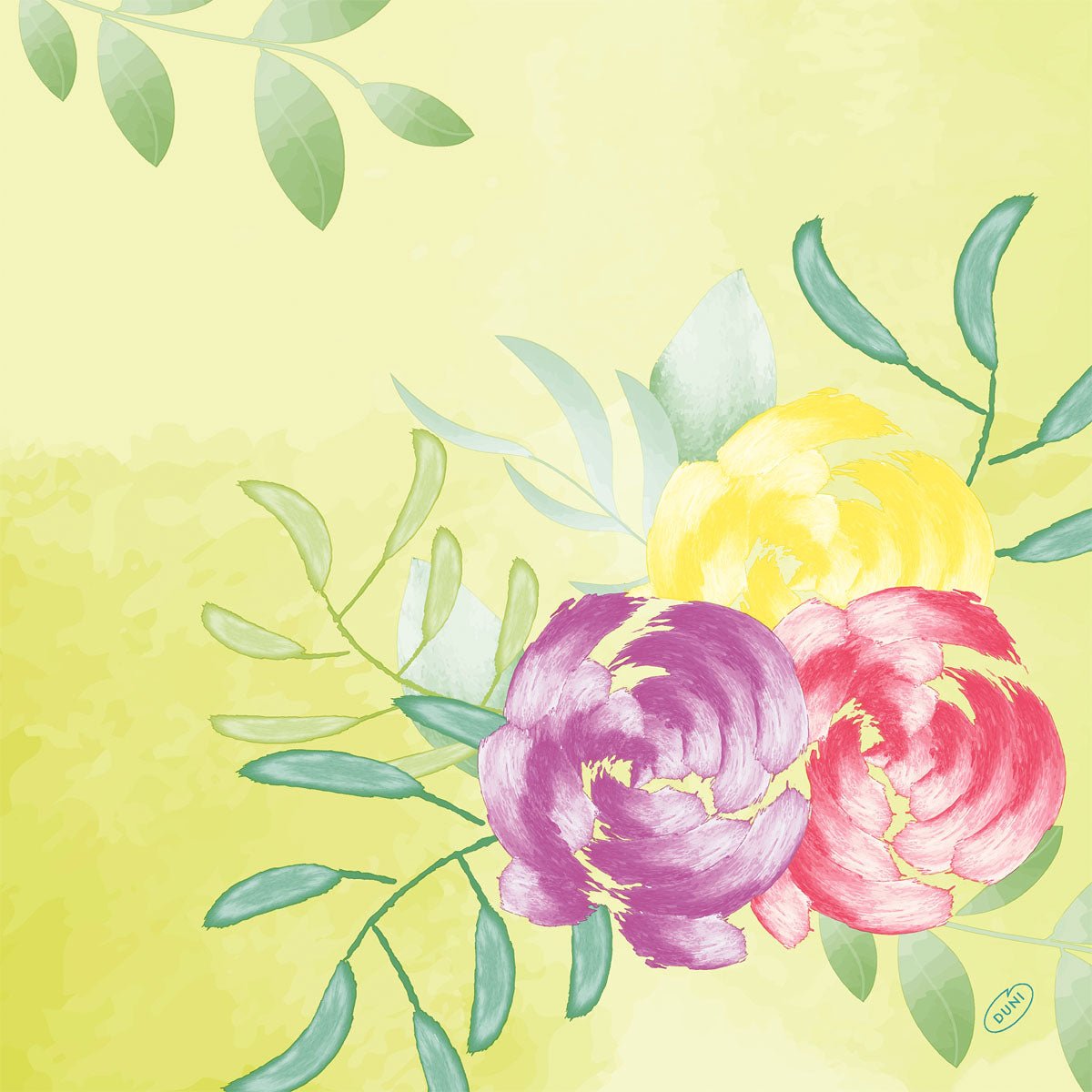 En illustration i akvarellstil med gula, lila och rosa blommor med gröna blad på en ljus gul-grön bakgrund, perfekt för Bio-Dunisoft-servetten 40x40cm från Duni GmbH.