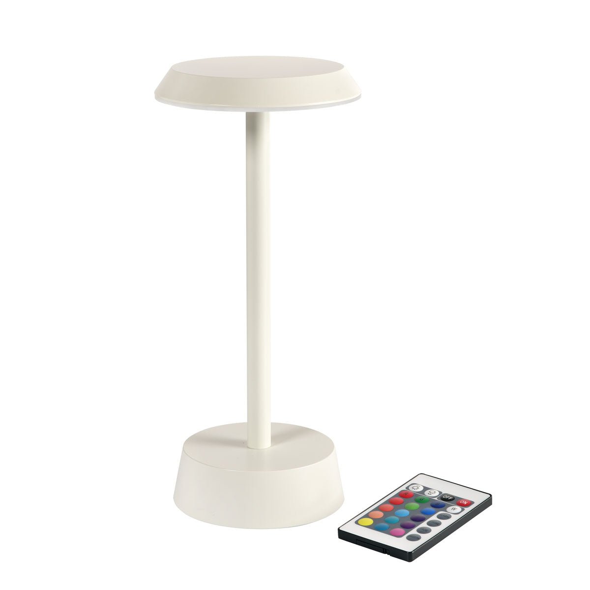 Den trådlösa LED-lampan NOUR i sandfärg från Duni GmbH är en modern bordslampa med rund bas och platt yta - elegant dekoration för ditt hem, inklusive fjärrkontroll med flera färgglada knappar.