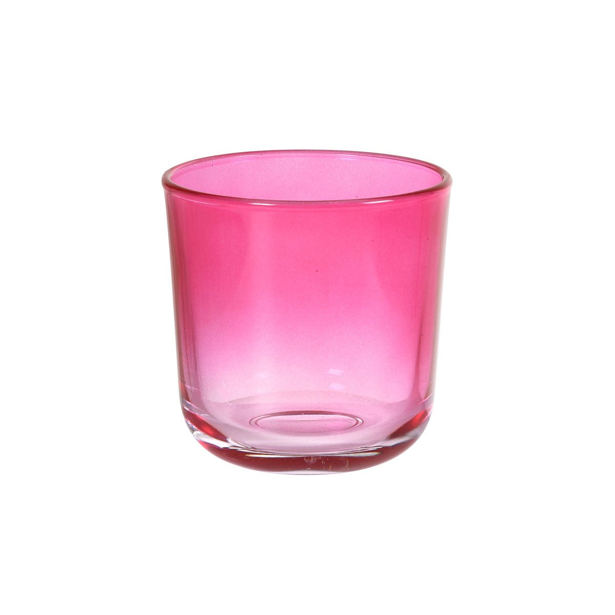 En fuchsiafärgad Switch & Shine ljushållare av glas från Duni GmbH med rund form och stabil sockel står på vit bakgrund.