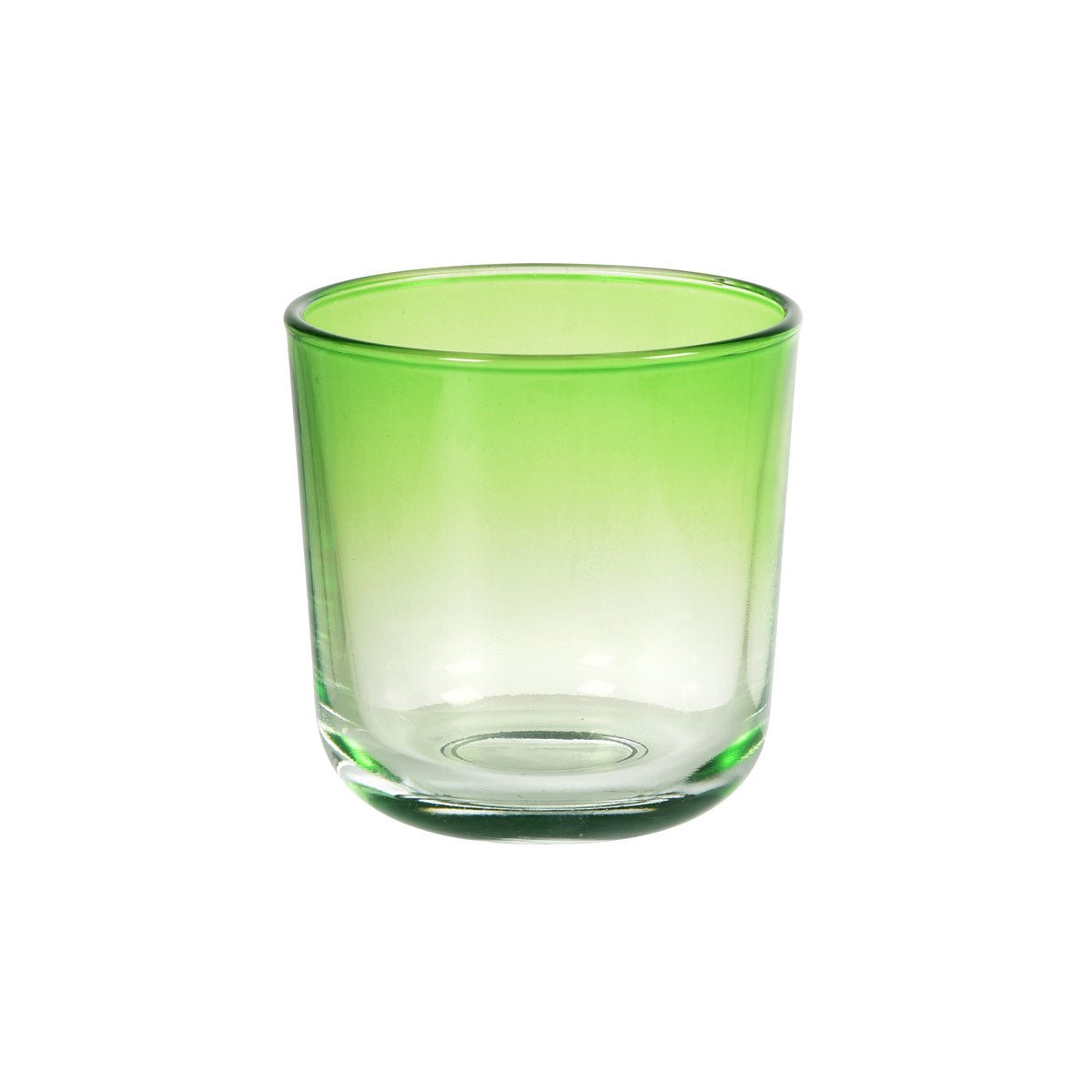 Den Switch & Shine ljushållaren av glas från Duni GmbH, bladgrön, 81x72,5 mm (1 styck), har grönt glas upptill som blir klart mot botten och visas mot en enkel vit bakgrund.